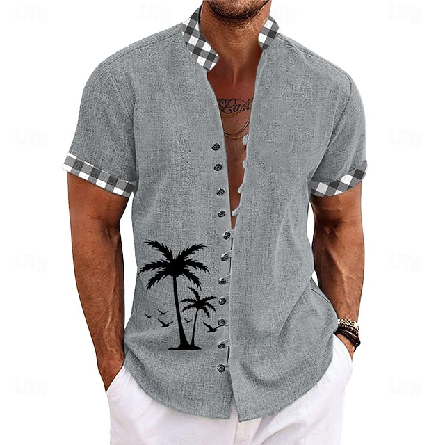  Miesten Kookospuu Trooppiset kasvit Paita Havaiji paita Button Up paita Lyhythihainen Paita isoisän kaulus Nauhakaulus Vapaa-aika Viidakko Päivittäin Havaijilainen Sininen Apila Khaki S M L