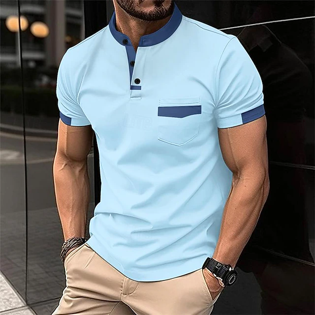 Men's Golf Shirt Golf Polo Work Casual Lapel Short Sleeve Basic Modern Color Block Patchwork Button Spring & Summer Regular Fit Black White Pink Army Green Sky Blue Orange Golf Shirt 9