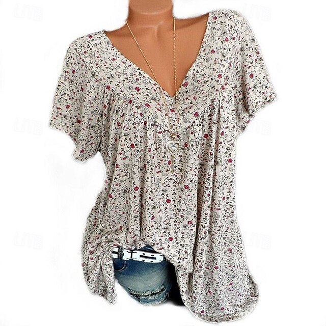 Women's Shirt Blouse Stylish Modern Floral Print Short Sleeve Regular Tops V Neck Vacation Daily Black White Yellow Wine Summer 6