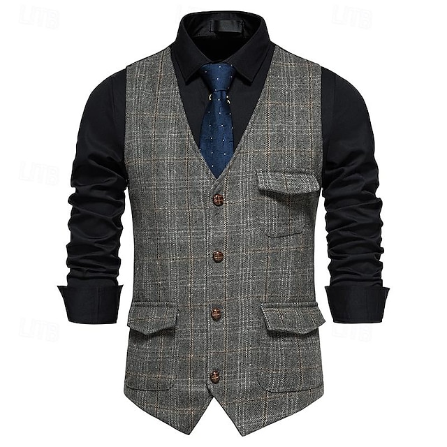  Bărbați Γιλέκο Gilet Afaceri Casual Petrecere Nuntă Rochie Comfortabil Primăvară, toamnă, iarnă, vară Poliester 95% Poliester 5% Spandex Tartan / Carouri Față butonată În V Fit regulat Negru Kaki Gri
