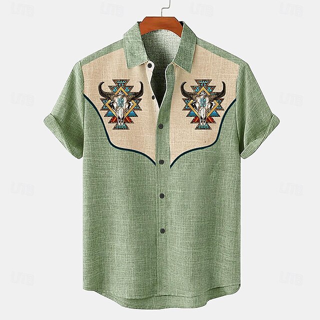  Voor heren Overhemd linnen overhemd retro-overhemden Vintage overhemd Etnisch shirt Westers Werk Causaal blauw Groen khaki Korte mouw Strijkijzer Zomer Lente Kleding