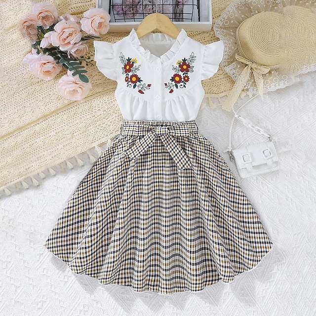  2 Pieces Kids Girls' Floral Crewneck Dress Suits Set Sleeveless Fashion School 7-13 Years Summer White