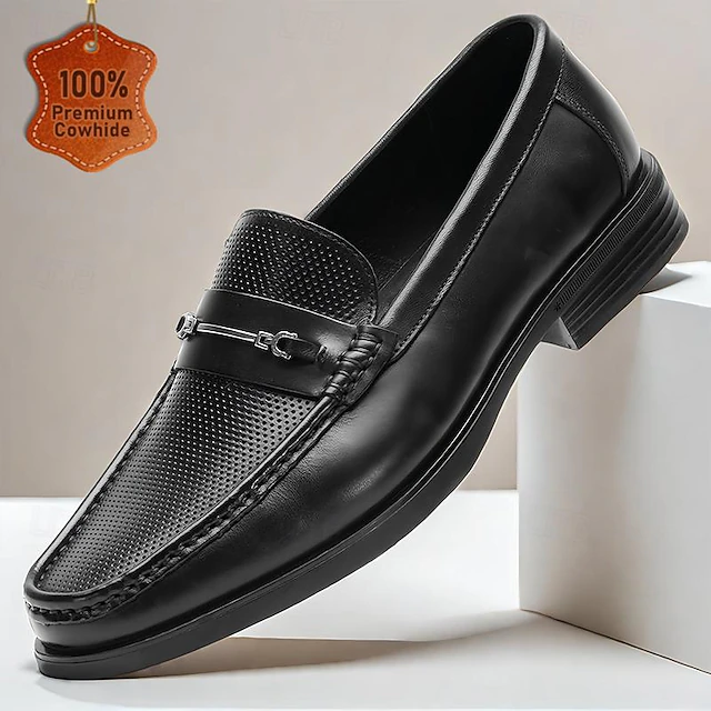 Men's Black Perforated Leather Dress Loafers with Braided Detail - Elegant Office Footwear 10