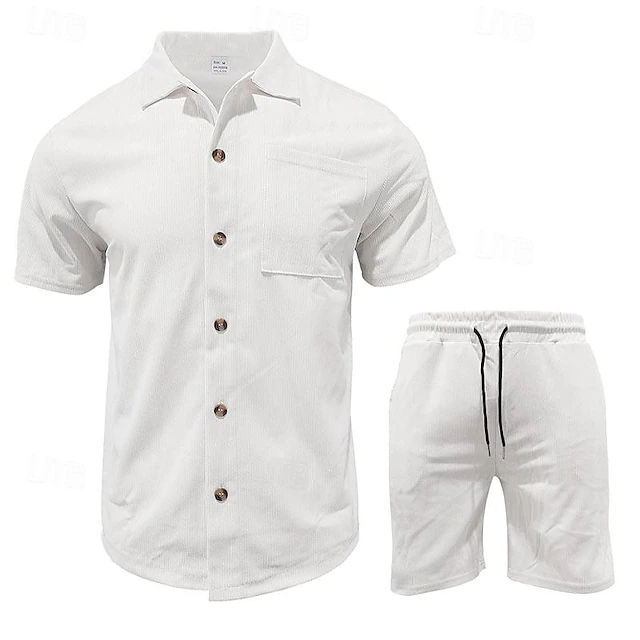 Men's T-shirt Suits 2 Pieces Outfits Tee & Shorts Short Sleeve Turndown Summer Plain Fashion Casual 2 Piece Vacation Daily Wear Going out Black White Blue Top Tee for Men 13