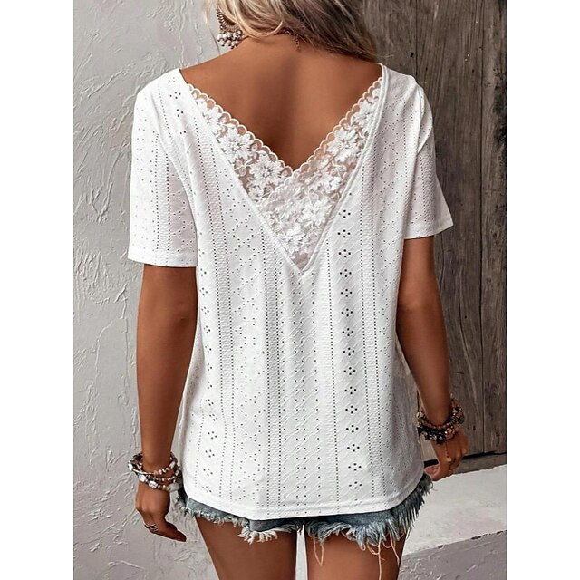 Women's Blouse Lace Eyelet Daily Stylish Short Sleeve Crew Neck White ...