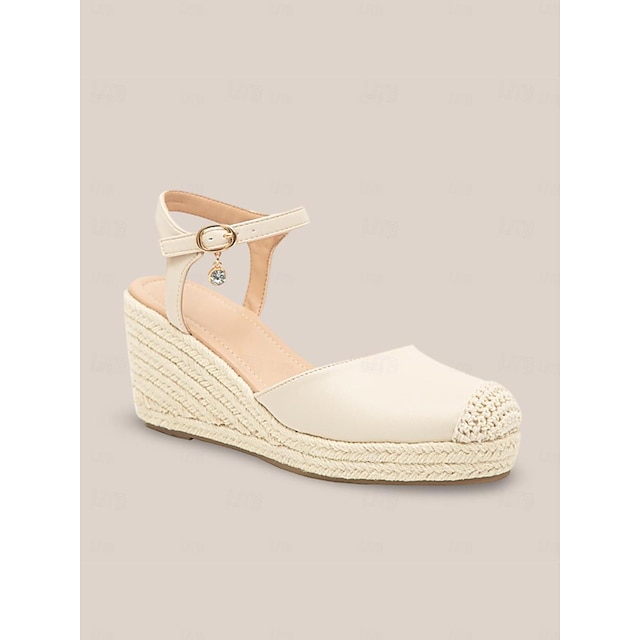  Dame Sandaler Boheme espadrille Mary Jane Daglig Ferierejse Strand Bjergkrystal Kile Boheme Ferie Mode Mikrobielt læder Ankel Strop Mandel Kakifarvet