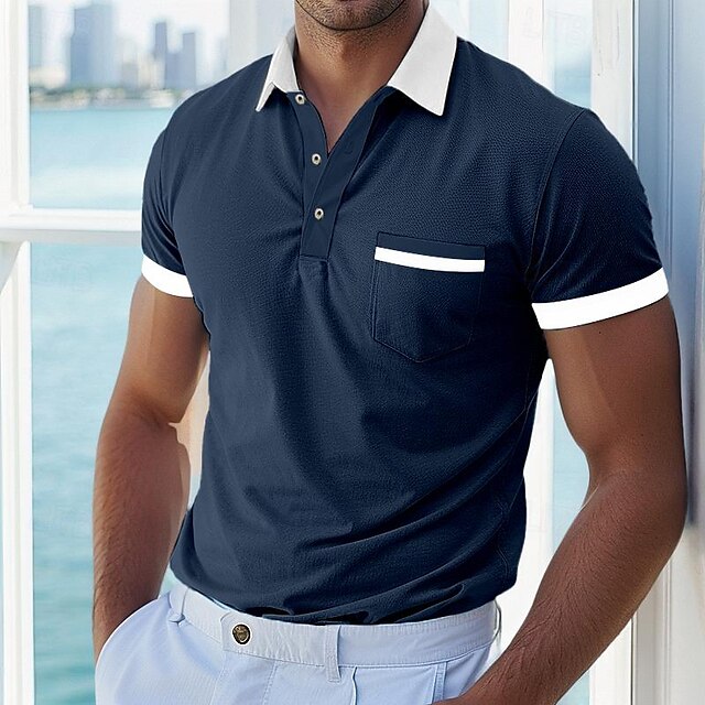  Men's Golf Shirt Pique Polo Shirt Work Casual Lapel Ribbed Polo Collar Short Sleeve Basic Modern Color Block Patchwork Buttons Spring & Summer Regular Fit Dark Grey White Red Navy Blue Blue Golf Shirt