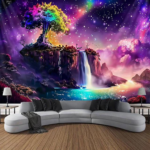 Blacklight Tapestry UV Reactive Glow in the Dark Glow Party Neon Fantasy Waterfall Rainbow Psychedelic Trippy Misty Hanging Tapestry Wall Art Mural for Living Room Bedroom 23