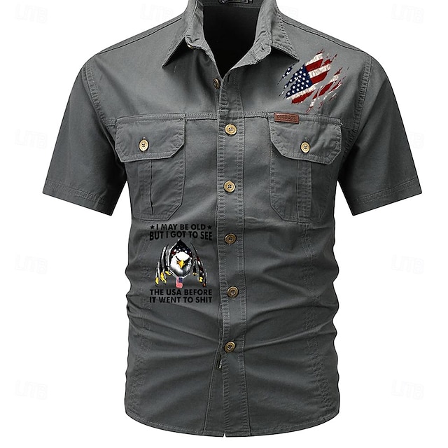  Homme Drapeau Drapeau Américain Imprimé Lettre Chemise de travail Chemise Western Chemise Cargo Manche Courte Style Western Tactique Mode Décontractée Sortir Été Col Rabattu Boutons Imprimé Noir Vert