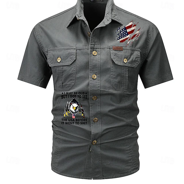 Men's Flag American US Flag Letter Printed Work Shirt Western Shirt Cargo Shirt Short Sleeve Western Style Tactical Fashion Casual Going out Summer Turndown Buttons Print Black Army Green Khaki Dark 15