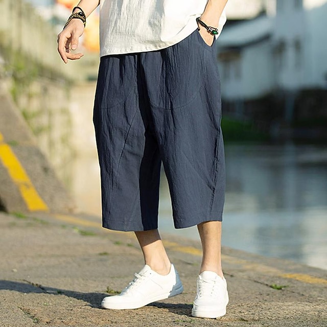  Homens Calças de linho Calças Capri Calça verão Calças de praia Bolsos Com Cordão Cintura elástica Tecido Conforto Respirável Comprimento da panturrilha Férias Diário Feriado Havaiana Boho Preto