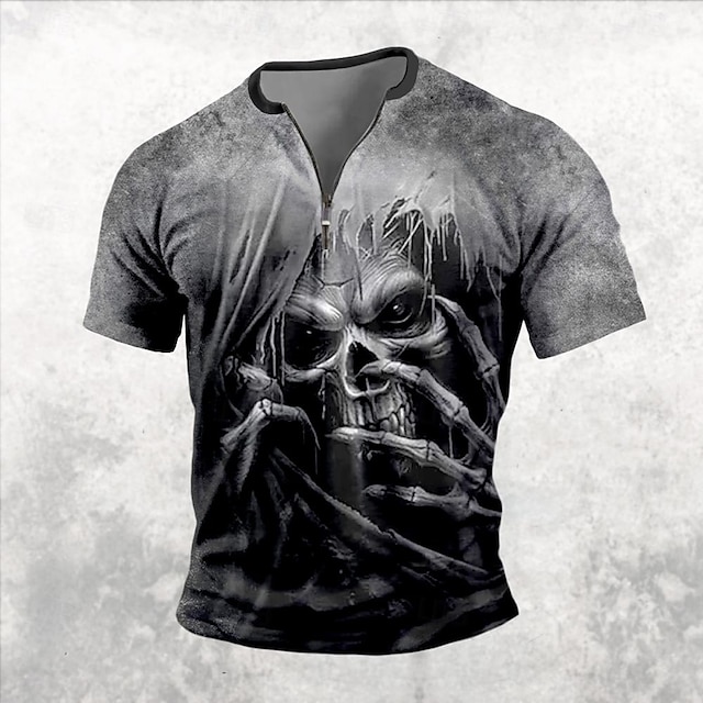  Halloween Homens A Morte Escuro Camiseta Manga Curta Camiseta Impressão 3D Meio Zíper Camisa Retro Vintage Rua Casual Diário Preto Azul Marron Verão Primavera Roupa S M L XL XXL XXXL