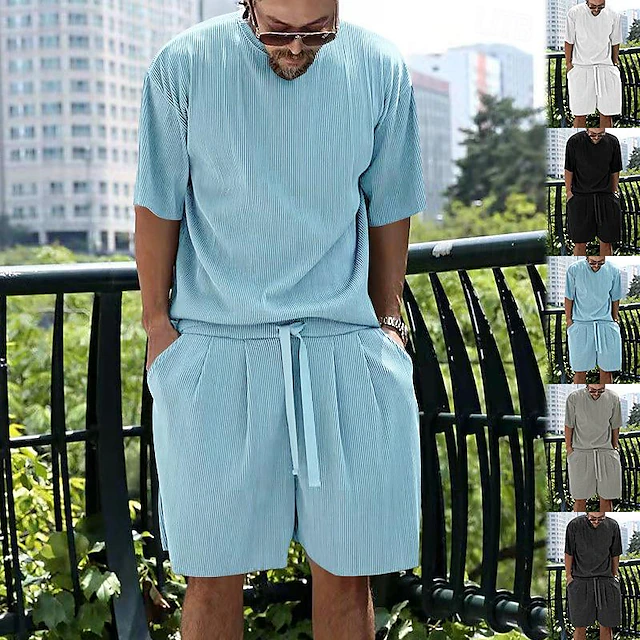 Men's T-shirt Suits 2 Pieces Outfits Tee & Shorts Short Sleeve Crew Neck Summer Plain Fashion Casual 2 Piece Vacation Daily Wear Going out White Light Grey Dark Gray Top Tee for Men 27