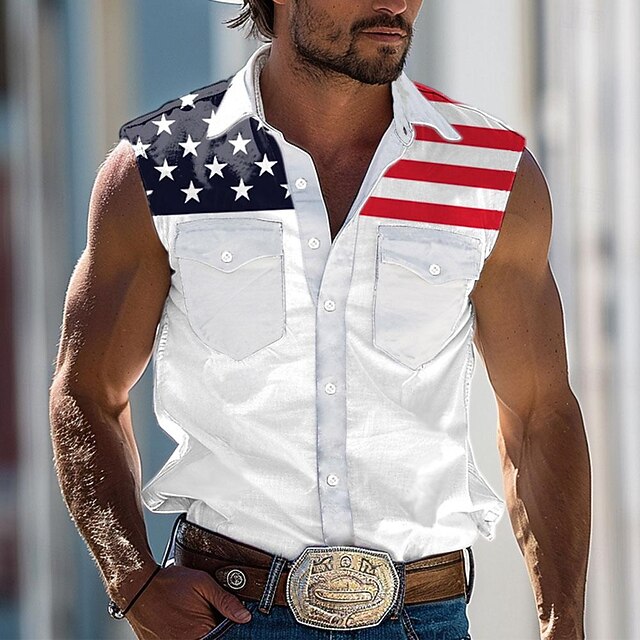 Men's American / USA National Flag Shirt Western Shirt Cowboy Shirt Sleeveless Western Style Outdoor Party Summer Spring Shirt Collar White4