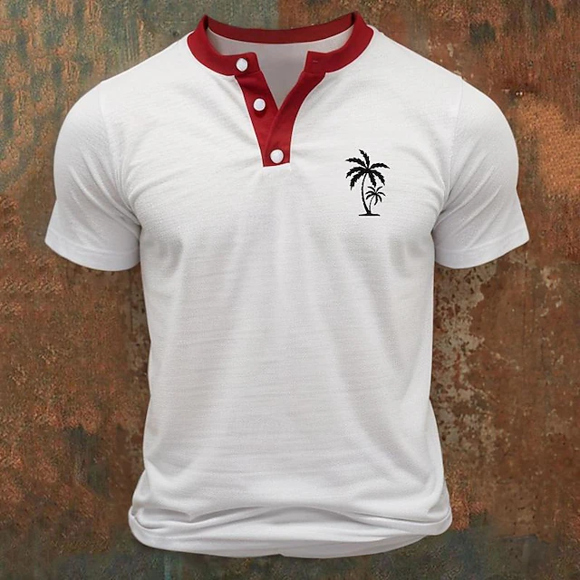 Men's Button T Shirt T Shirt Henley Shirt Tee Short Sleeve Henley Spring & Summer Color Block Coconut Tree Fashion Designer Basic Patchwork Vacation Street Going out Black Red Blue Top Tee for Men 7