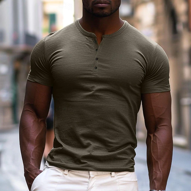 Men's T Shirt Henley Shirt Tee Top Short Sleeves Plain Designer Basic Modern Contemporary Buttons Henley Vacation Street Going out Summer Army Green Black White Henley T-Shirt 16