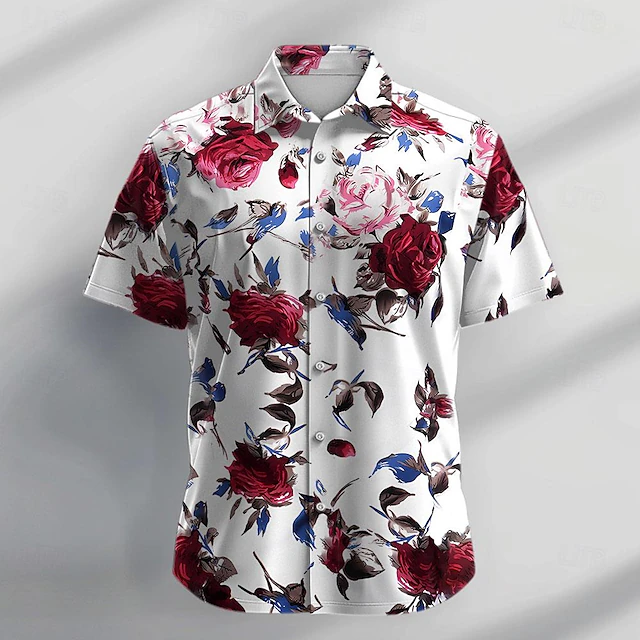 Men's Floral Tropical Flowers Rose Shirt Summer Hawaiian Shirt Button Up Shirt Short Sleeve Shirt Turndown Collared Shirts Casual Beach Vacation Causal Evening Party White Red Blue S M L2