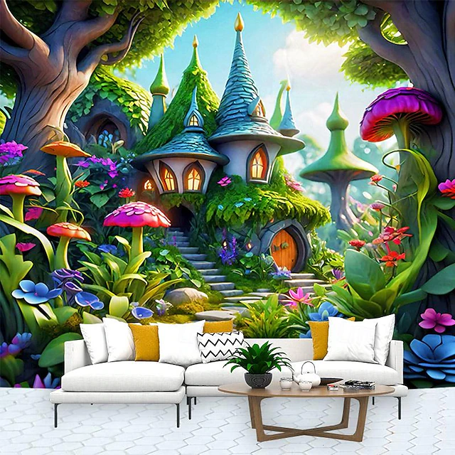 Fantasy Mushroom House Hanging Tapestry Wall Art Large Tapestry Mural Decor Photograph Backdrop Blanket Curtain Home Bedroom Living Room Decoration 7