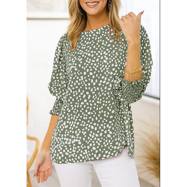  Women's Blouse Dressy Tops Polka Dot Print Daily Casual Lantern Sleeve 3/4 Length Sleeve Crew Neck Black Summer Spring