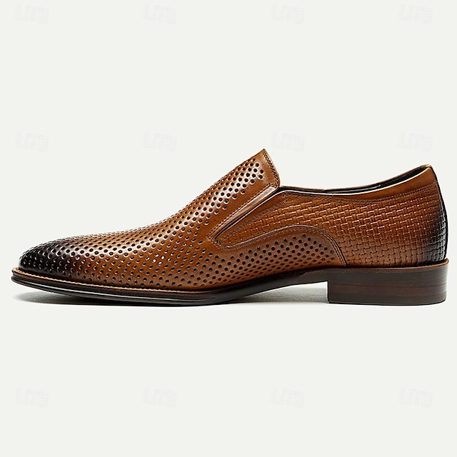  loafers i beige perforerat läder för män, slip-on-klänningsskor i premiumkohud - andningsbara och snygga skor för formella och vardagliga tillfällen