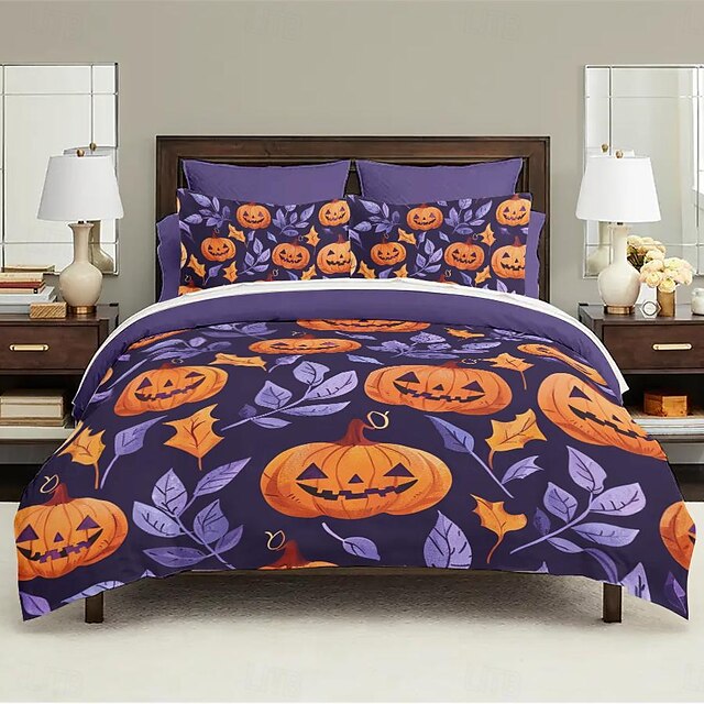  halloween podzimní sada povlečení na přikrývku z dýně - obsahuje povlak na přikrývku a povlak na polštář - slavnostní a útulný design - měkká a pohodlná látka - ideální pro halloween a podzimní výzdobu domova