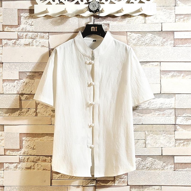 Men's Shirt Chinese Collar Shirt Mandarin Collar Shirt Summer Shirt Casual Shirt Beach Shirt Black White Blue khaki Short Sleeve Plain Mandarin Collar Vacation Holiday Clothing Apparel Polyester 10