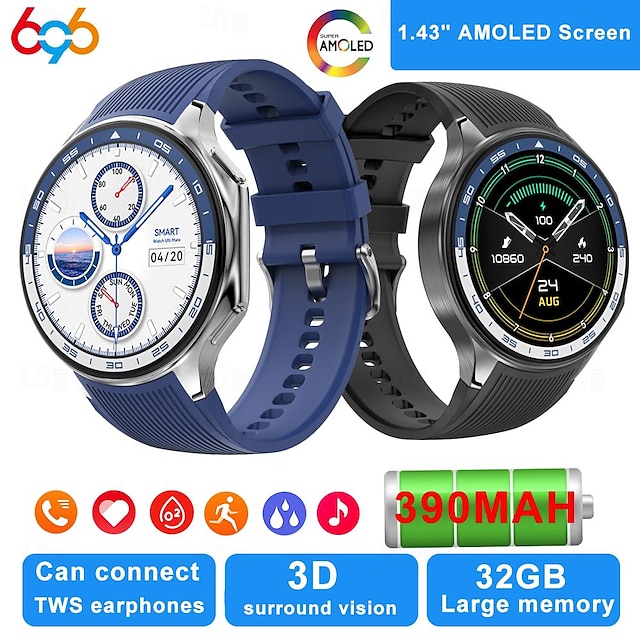  696 DTWatchX Montre intelligente 1.43 pouce Smartwatch Montre Connectée Bluetooth Podomètre Rappel d'Appel Moniteur de Sommeil Compatible avec Android iOS Femme Hommes Mode Mains-Libres Rappel de