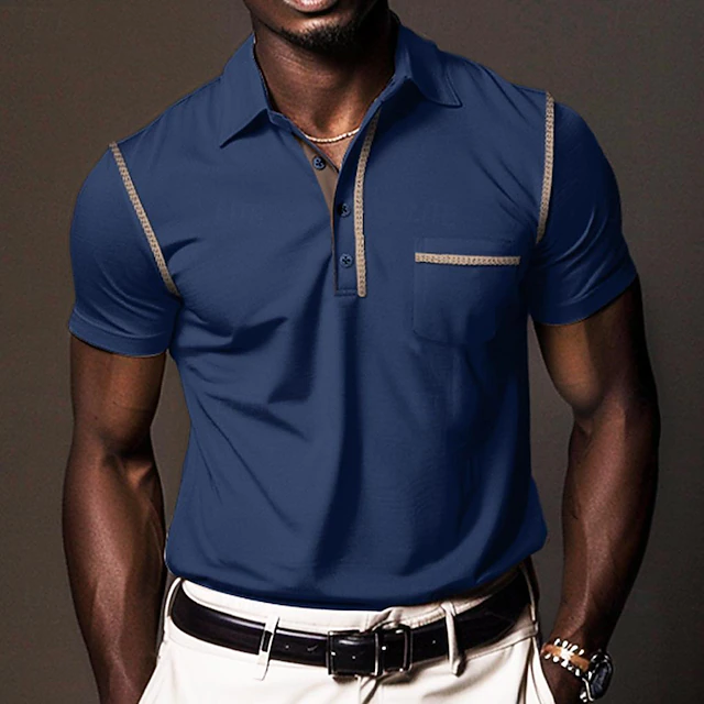 Men's Polo Shirt Golf Shirt Work Casual Lapel Ribbed Polo Collar Short Sleeve Basic Modern Color Block Patchwork Button Spring & Summer Regular Fit Dark Gray Black White Burgundy Navy Blue Blue Polo 14