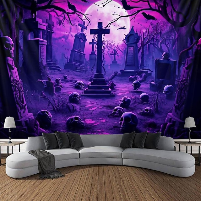  Tecido de Halloween Caveiras Tecido de Luz Negra Reativo UV Brilho no Escuro Cemitério Nebuloso Pendurado Arte de Parede Mural para Sala de Estar Quarto
