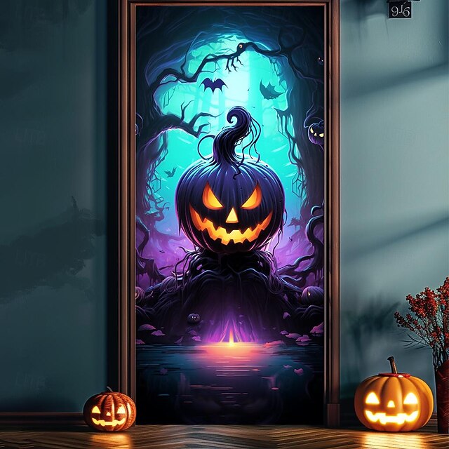 Halloween Door Decorations Halloween Door Covers Jack O Lantern Pumpkin Castle Door Tapestry Door Curtain Decoration Backdrop Door Banner for Front Door Farmhouse Holiday Party Decor Supplies 8