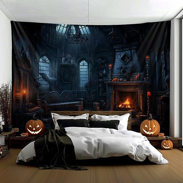 Tapisserie Murale Halloween 235x180cm - Château Vintage Pleine Lune Route Briques