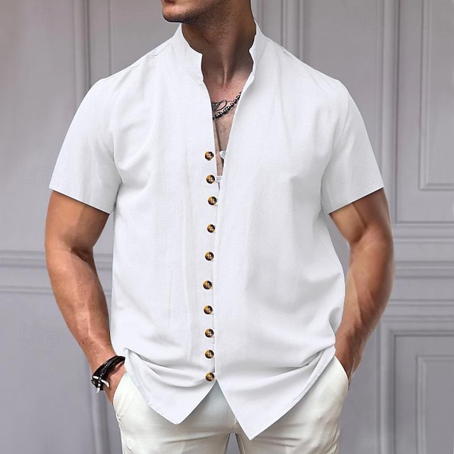  Men's Shirt Linen Shirt Chinese Collar Shirt Mandarin Collar Shirt Casual Shirt Button Up Shirt Plain Vacation Street Black White Pink Khaki Short Sleeve Grandad Collar Summer Clothing Apparel