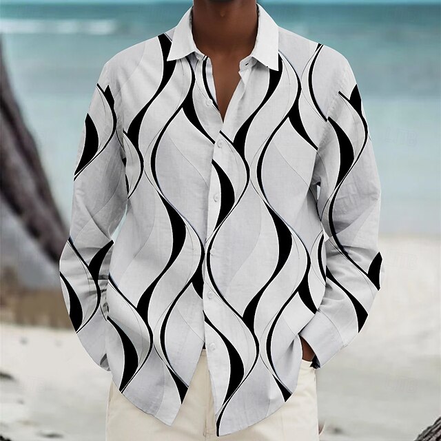 Men's Geometric Geometric Pattern Beach Shirt Button Up Shirt Long Sleeve Hawaiian Casual Vacation Daily Fall Winter Spring & Summer Turndown Collared Shirts Button Up 3D Print White Yellow Blue Beige 7