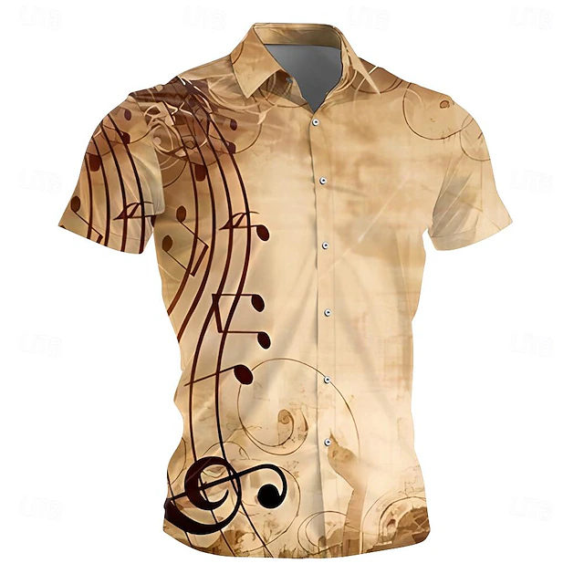 Men's Boardmasters Musical Notes Shirt Button Up Shirt Short Sleeve Vintage Casual Vacation Daily Summer Turndown Button Up 3D Print Brown 5