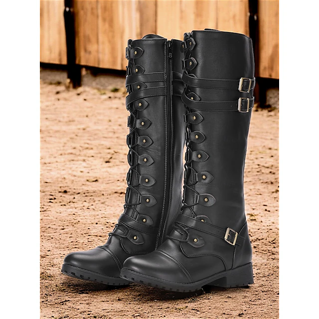 Women's Vintage Gothic Combat Boots - Black Buckle Strap Knee-High Boots for Cosplay and Daily Wear 8