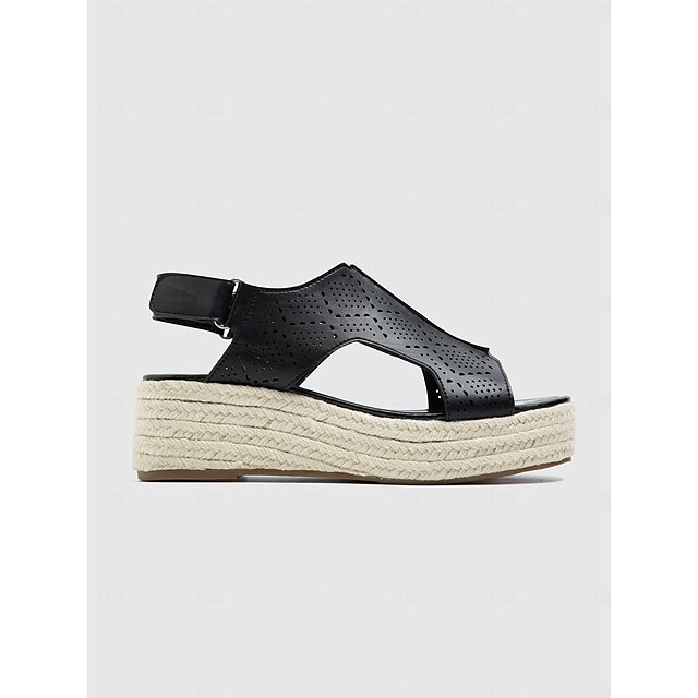  sandale espadrile din piele neagră de damă - pantofi eleganti cu platformă cu vârf deschis, cu detalii decupate pentru vară