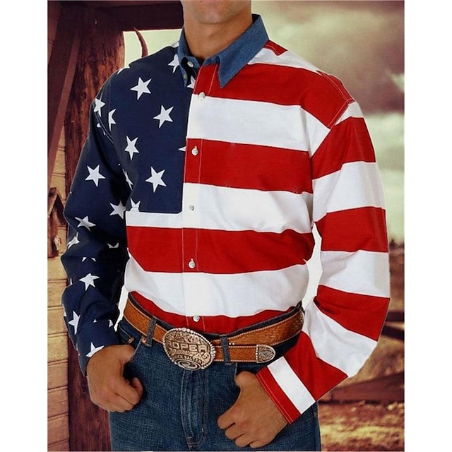  Herren Amerikanische Flagge Westernhemd Knopfhemd Cowboy-Shirt Langarm westlicher Stil Täglich Umlegekragen Hemden mit Kragen 3D-Druck Vordertasche Schwarz Weiß Rote Blau
