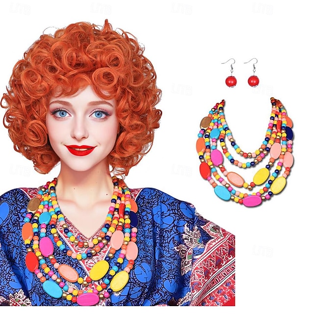  Peluca rizada naranja roja de cosplay con collar y pendientes para mujeres disfraz de carnaval pelucas de Halloween