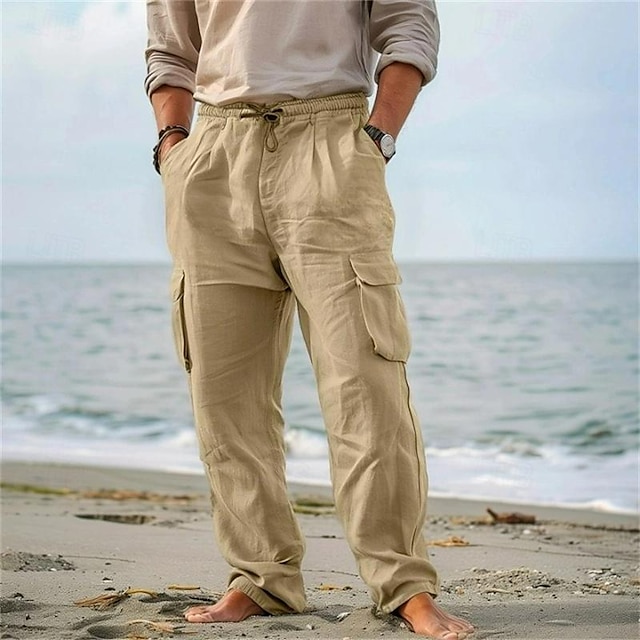  Men's Cargo Pants Trousers Summer Pants Beach Pants Drawstring Elastic Waist Multi Pocket Plain Comfort Breathable Outdoor Daily Going out Fashion Casual Black White
