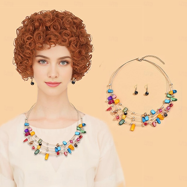  Adult Wig Short Curly Reddish Orange Wig Carnival Cosplay Costume Wig With Geometry Jewelry Sets