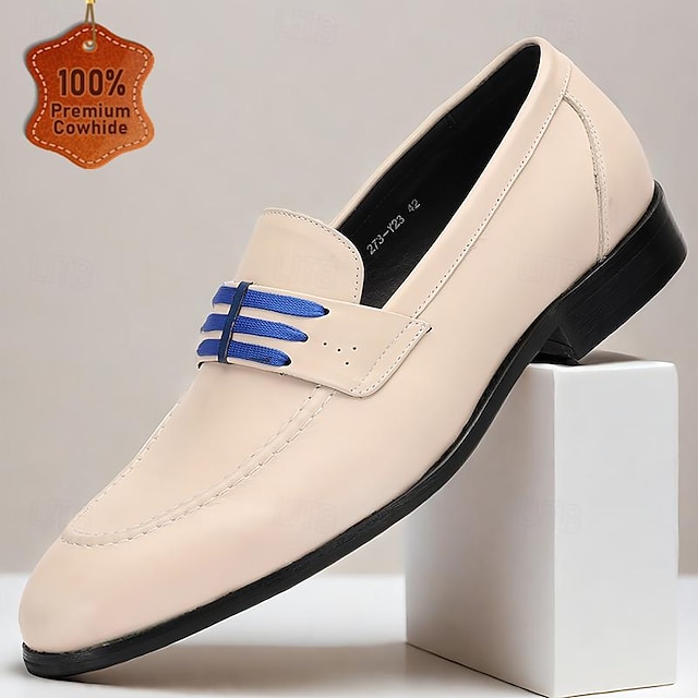  Cremefarbene Loafer aus hochwertigem Rindsleder mit blauem Akzent für Herren – elegante und bequeme Slipper
