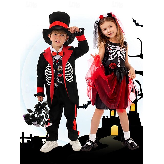  Fantasma Sposa Teschio dello scheletro Costume cosplay Costumi della famiglia del gruppo di Halloween Per bambini Da ragazzo Da ragazza Costume spaventoso Prestazioni Festa / Serata Carnevale