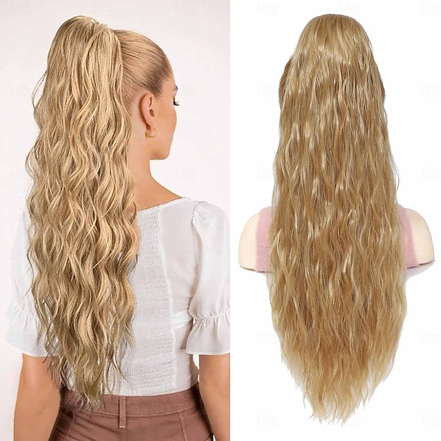  Extension de queue de cheval bouclée ondulée pour femmes noires cordon de serrage queue de cheval queues de cheval extensions de cheveux queue de cheval 26 pouces de long cheveux noirs naturels