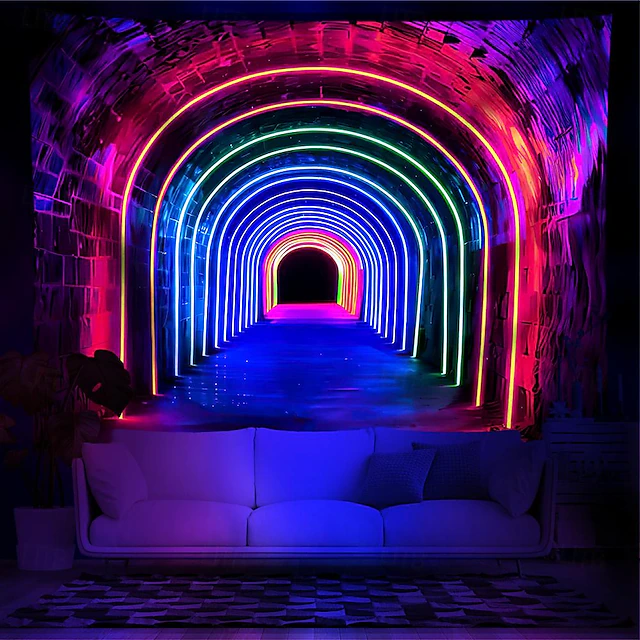 Blacklight Tapestry UV Reactive Glow in the Dark Glow Party Neon Rainbow Arch Psychedelic Trippy Misty Hanging Tapestry Wall Art Mural for Living Room Bedroom 6