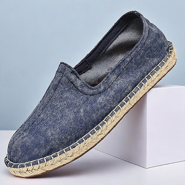 Men's Denim Espadrilles - Casual Slip-On Canvas Loafers with Woven Jute ...