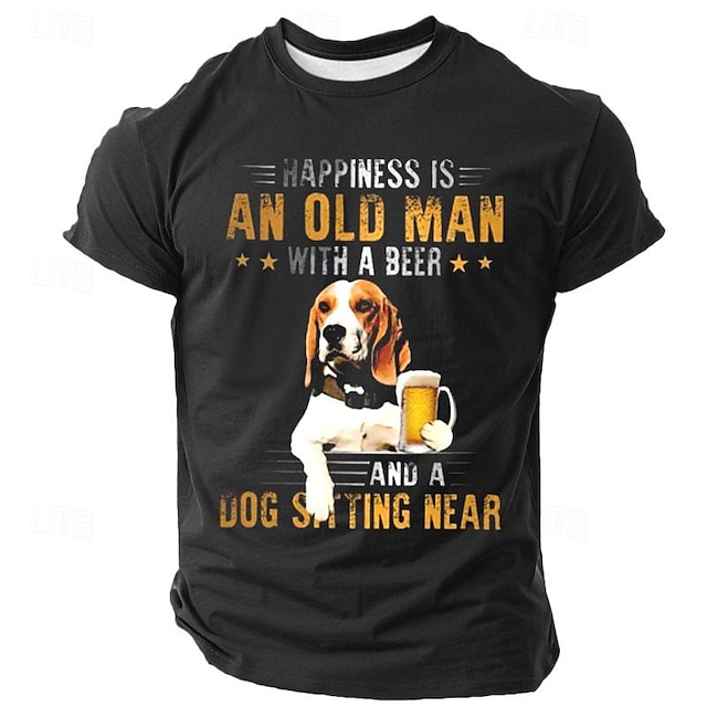  T-shirt graphique drôle pour homme - Le bonheur est un vieil homme de la bière et un chien - T-shirt de style de vie à manches courtes
