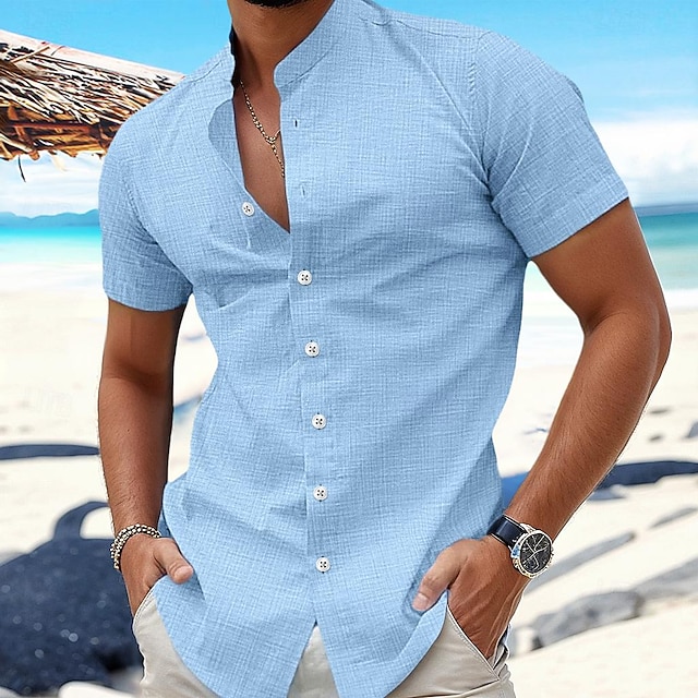 Men's Shirt Linen Shirt Summer Shirt Beach Wear Band Collar Shirt Button Up Shirt Plain Vacation Curise Black White Blue Orange Short Sleeve Band Collar Summer Clothing Apparel 10