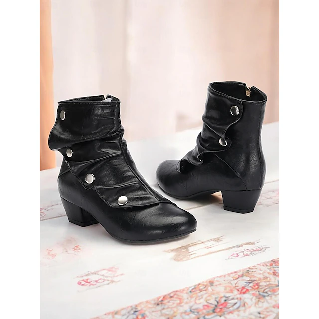 Women's Black Vintage Mid Heel Boots with Decorative Buckles for Casual, Office, and Evening Wear 9