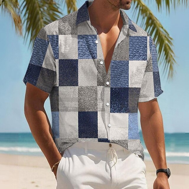 Men's Color Block Geometric Pattern Button Up Shirt Printed Shirts Short Sleeve Casual Resort Outdoor Daily Holiday Summer Turndown Print Button-Down Blue4