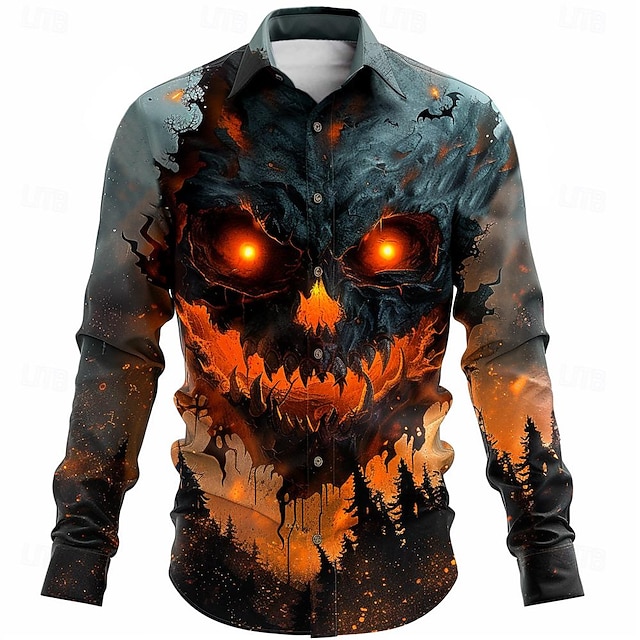  Halloween Careta Casual Escuro Homens Camisa Social camisa de botão Manga Longa Festa Outono Inverno Primavera Verão Aberto para a Lateral Colarinho de Camisa Abotoar Impressão 3D Fina Laranja